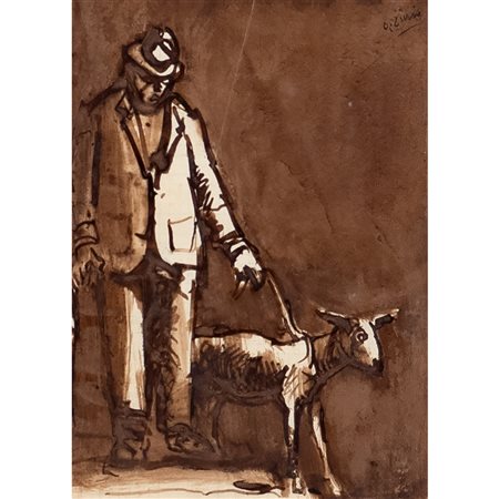 Alberto Ziveri Roma 1908 - 1990 20,5x15 cm. "Uomo con cane", 1964, china e...