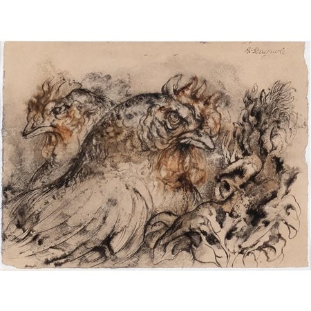 Antonio Stagnoli Bagolino 1922 - 2015 34x25 cm. "Galline", inchiostro e...