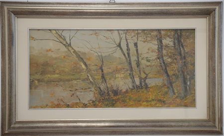 Ambrogio Vismara "Paesaggio autunnale con alberi" olio su compensato (cm 30x60)