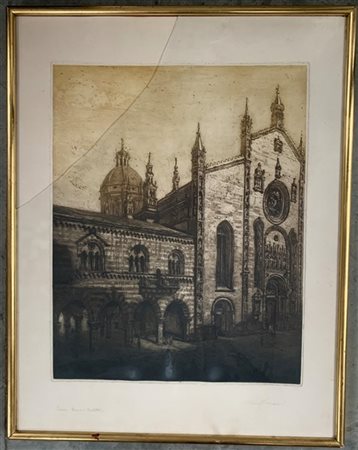 Cesare Mariani (?) "Como, duomo e broletto" acquaforte (foglio cm 76x59) firmat