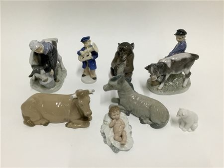 Manifatture diverse. Lotto composto da otto gruppi in ceramica e porcellana, di