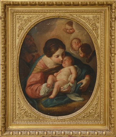 Scuola emiliana del secolo XVIII "Madonna con Bambino" olio su tela ovale (cm 6