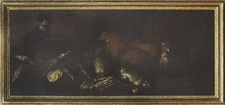 Scuola del secolo XVII "Gallo, tacchino, gatto, cedro, limoni e verdure" olio s