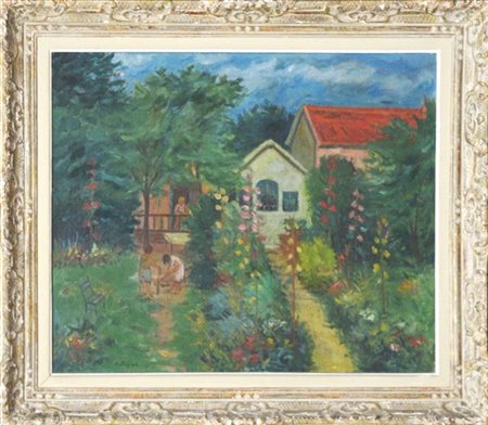 Zarech Mutafian "Case con giardino" olio su tela (cm60x74) Firmato in basso a si