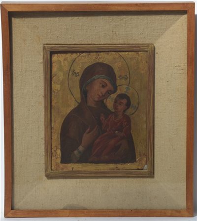 Ignoto "Madonna con bambino" antica icona devozionale ad olio su tavola (cm 25x