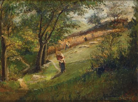 BISCARRA CARLO FELICE (Torino 1823 – 1894) - "Scena agreste" 1870, 25x34 olio...