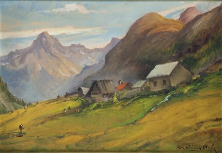 MALINVERNI ANGELO (Torino 1877 – 1947) - "Baite in montagna", 35x49,5olio su...