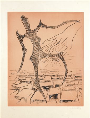 MAN RAY (USA 1890 - 1976 F) - "Personaggio sulla città", 49x39,5 litografia,...