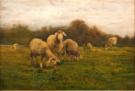 LORENZO DELLEANI<BR>Pollone (BI) 1840 - 1908 Torino<BR>"Pascolo a novembre (con pecore in primo piano)" 11/11/1897