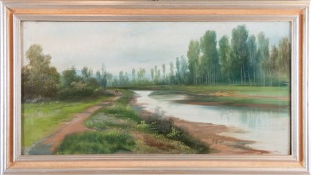 HENRY MARKO (1855 – 1921) “Paesaggio con fiume”. Olio su tela. Cm 50x100....