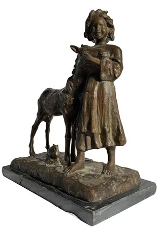 Scultura in bronzo raffigurante bambina con asinello di Giorgio Rossi (San...