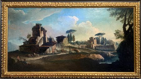 Andrea Locatelli (Roma 1693-1741), Attribuito. Veduta del Tevere a carattere...