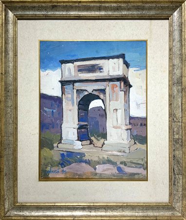 Dipinto raffigurante arco di trionfo di Alicò Giovanni (Catania 1906-1971)....