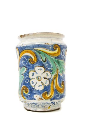 Cilindro in maiolica di Caltagirone, XVIII Secolo. Smalto blu con decori a...