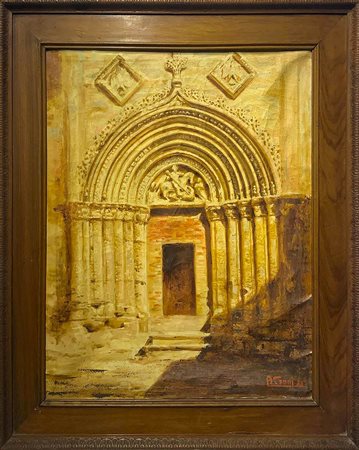 Dipinto ad olio su tela raffigurante Portale San Giorgio a Ragusa Ibla, di...