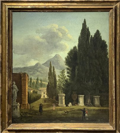 Dipinto ad olio su tela raffigurante paesaggio con alberi, personaggi e...