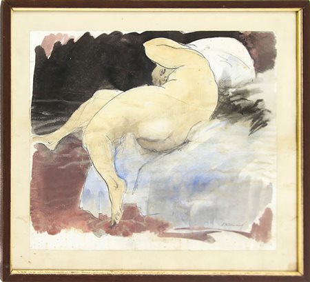 Acquarello su carta raffigurante nudo di donna, XX Secolo. Cm 30x35,...