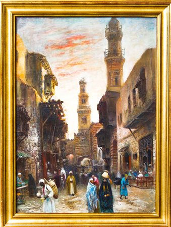 Dipinto ad olio su tela raffigurante il Cairo di Frans Wilhelm Odelmark,...