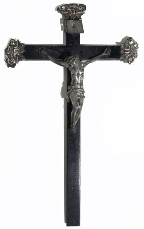 Crocifisso, Cristo in argento su croce in legno, 1765. Punzonato Messina PL...