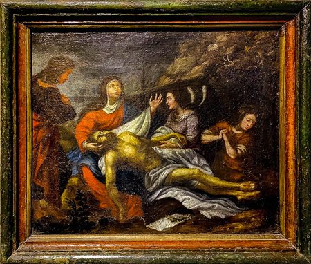 Dipinto ad olio su tela raffigurante Compianto di Cristo con le tre Marie e...