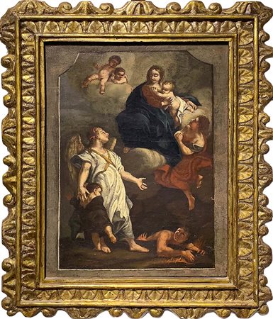 Dipinto ad olio su tela raffigurante Madonna con Bambino e Angeli, bozzetto,...