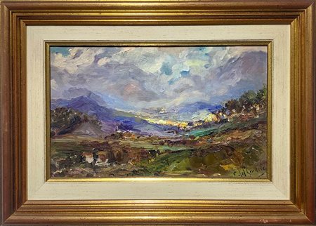 Dipinto raffigurante paesaggio montano di Elvira Del Giudice. Cm 21,5x35,...