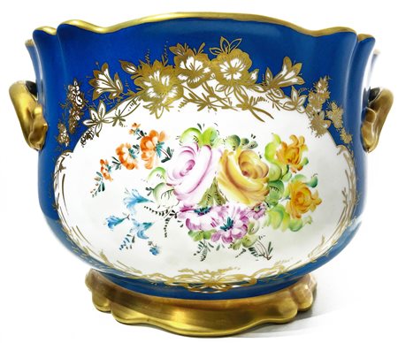 Cachepot in porcellana Limoges, Francia. Nei toni del blu e del dorato,...