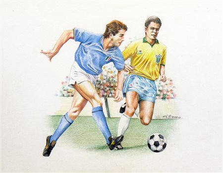 G. Bruno BOZZETTO PER CARTOLINA COMMEMORATIVA (PAOLO ROSSI E MANZINHO NELLA...