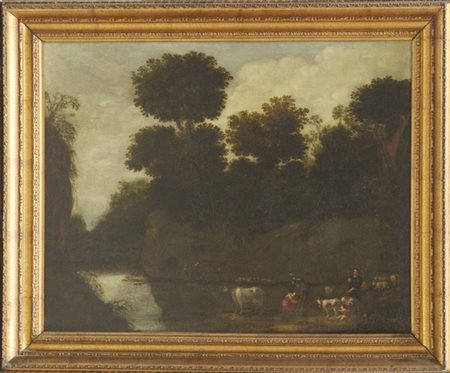 Scuola della fine del secolo XVIII "Paesaggio fluviale con figure e armenti" ol