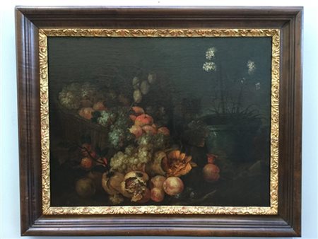 Ignoto "Composizione con cesto di frutta e vaso fiorito" antico dipinto ad olio