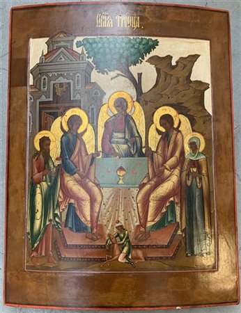Icona ad olio su tavola raffigurante la Trinità. Russia, fine secolo XIX (cm 54