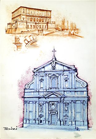 Ignoto STUDI DI ARCHITETTURE tempera su carta telata, cm 21x14,5 firma