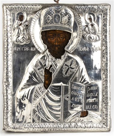 Icona russa con riza in argento raffigurante San Nicola - XIX secolo