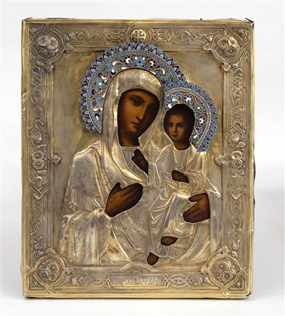 Icona russa con riza in argento raffigurante Madonna con Bambino - Mosca 1879