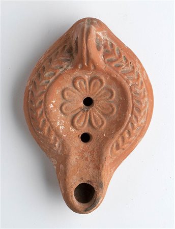 Roman African Oil Lamp with Flower, 4th - 6th century AD; height cm 6, length cm 13,5