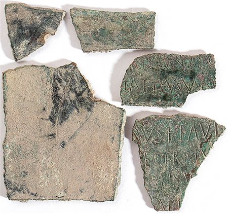 Group of Five Pieces of a Roman Military Diploma, 4th century AD; height max cm 6 - min cm 2,8, length max cm 6,5 - min cm 2