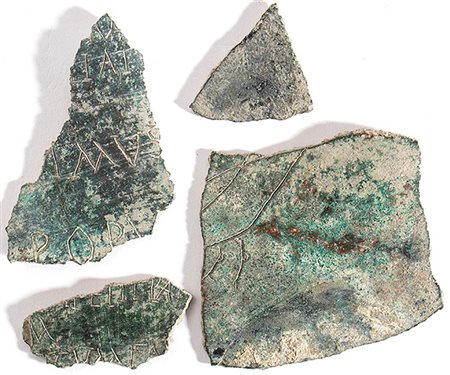 Group of Four Pieces of a Roman Military Diploma, 4th century AD; height max cm 6,5 - min cm 2,5, length max cm 7 - 3,5