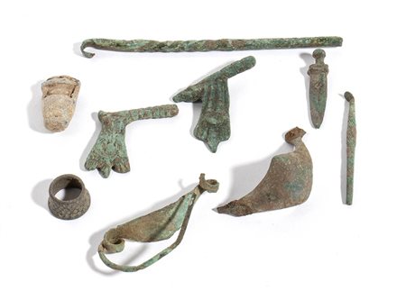 Group of Nine Mostly Roman Bronze and Lead Items, 3rd century BC - Medieval (the thimble); length max cm 12,5 - min cm 2