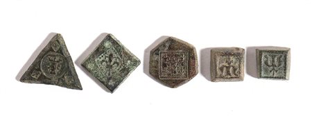 Group of Five Medieval Bronze Weights, 13th - 15th century AD; length max cm 1,5 - min cm 1