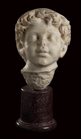 Roman Marble Portrait of the Young Marcus Aurelius as Hermes, ca. AD 126 - 128; height cm 22,5 (cm 34,5 with Red Imperial Porphyry stand)