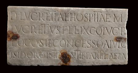 Roman Marble Gravestone of Lucreatia Hospita, 2nd - 3rd century AD;  height cm 20; length cm 42; wide cm 2,5