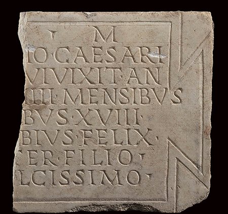 Roman Marble Funerary Inscription on Tabula Ansata, 1st - 2nd century AD;  height cm 30,5 (with support); length cm 25,8; wide cm 3,5