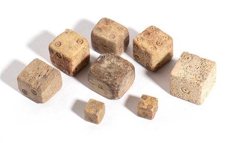 Group of Eight Roman Bone Gaming Dices, 1st - 3rd century AD; height cm max 1,5 - min 0,8