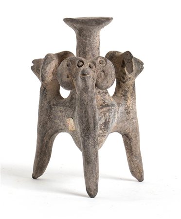 Iranian Amlash Culture Tripod Vessel with Ram Heads, 9th - 8th century BC; height cm 11, diam cm 3. 