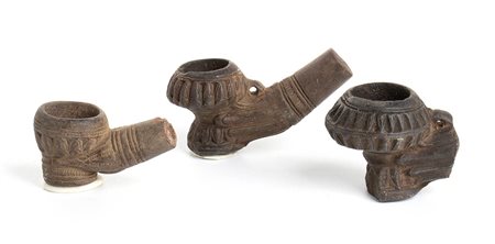 Group of Three Indochinese Terracotta Smoking Pipes, 19th century, length max cm 8