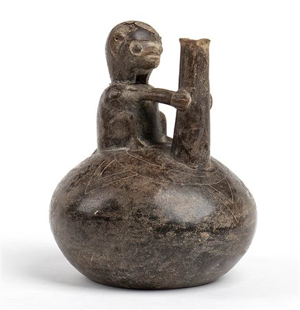 Stirrup-spouted bottle with Monkey, Ecuador, Chorrera Culture, ca. 7th - 5th century BC; height cm 19,4, diam. cm 2,4