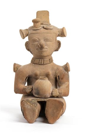 Terracotta Seated Female Statuette holding Jar, Ecuador, Jama-Coaque Culture, ca. 6th - 12 century AD