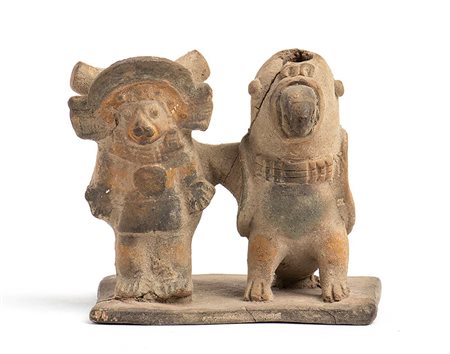 Terracotta Sciaman and Parrot, Ecuador, Jama-Coaque Culture, ca. 6th - 12th century AD; height max cm 8,5, length cm 7,5x9