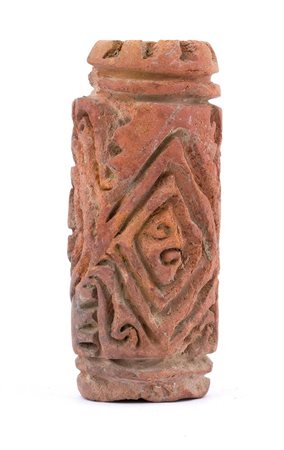 Terracotta cylindrical pintadera, Colombia and Ecuador, Tumaco-La Tolita Culture, ca. 4th century BC - 5th century AD; height cm 7