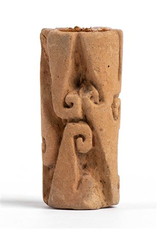 Terracotta cylindrical pintadera, Colombia and Ecuador, Tumaco-La Tolita Culture, ca. 4th century BC - 5th century AD; height cm 5, diam. cm 2,2